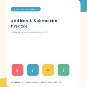 Addition and subtraction printable workbook for ages 6 to 10
