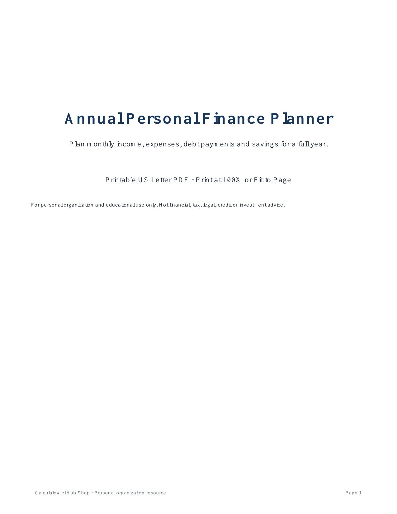 Annual Personal Finance Planner cover