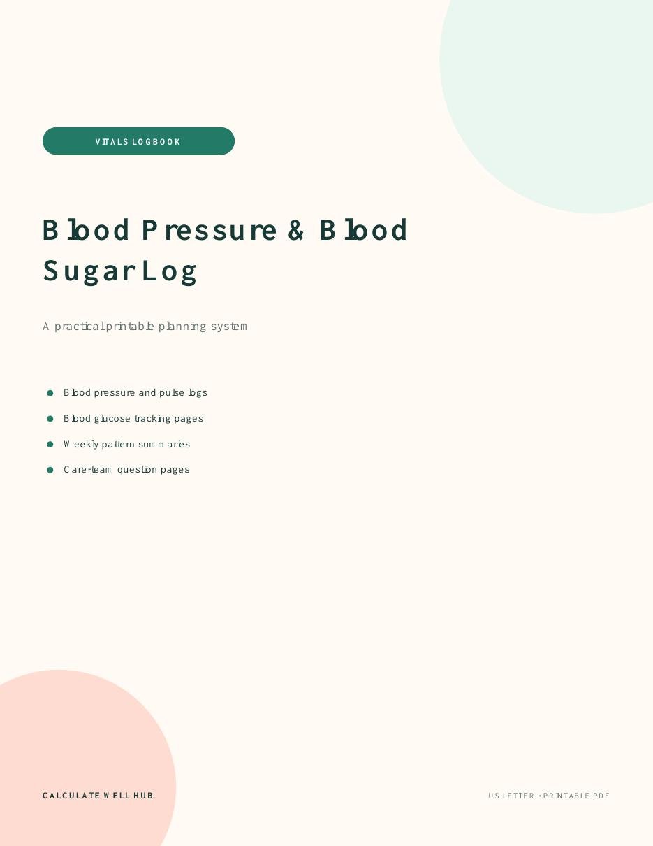 Blood Pressure and Blood Sugar Log printable PDF cover