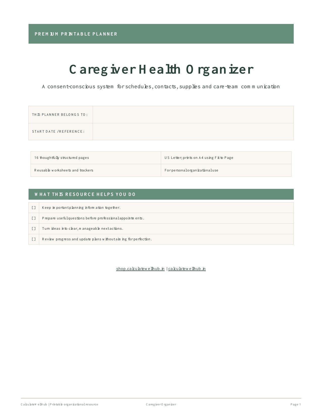 Caregiver Health Organizer printable cover