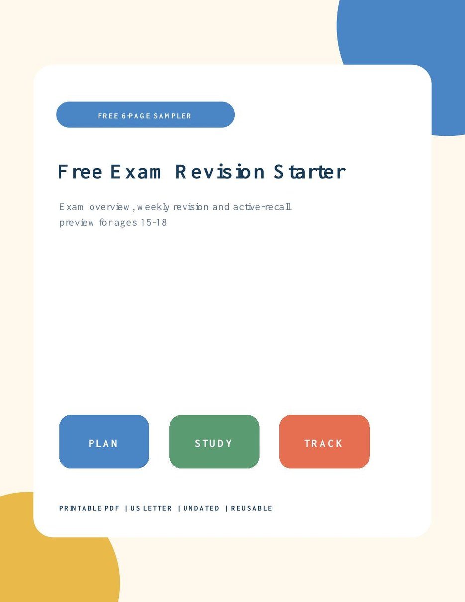 Free exam revision starter printable for students ages 15 to 18