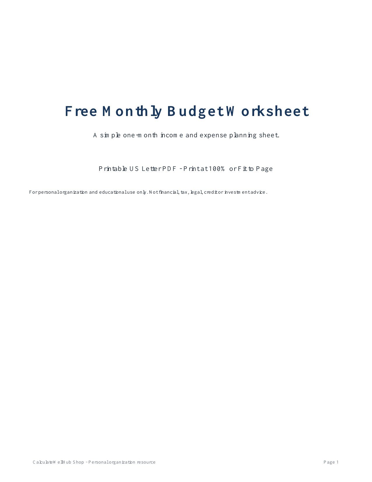 Free Monthly Budget Worksheet cover