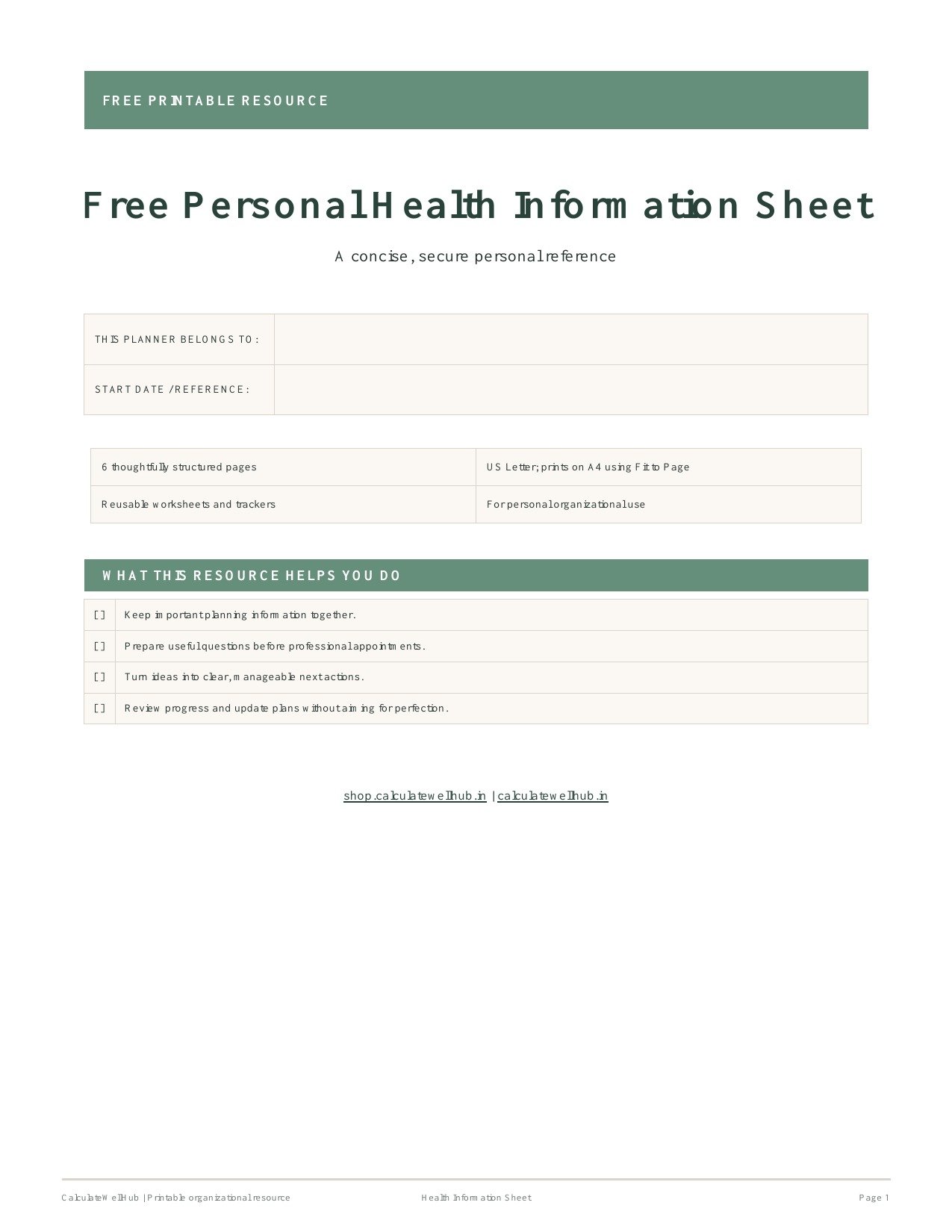Free Personal Health Information Sheet cover