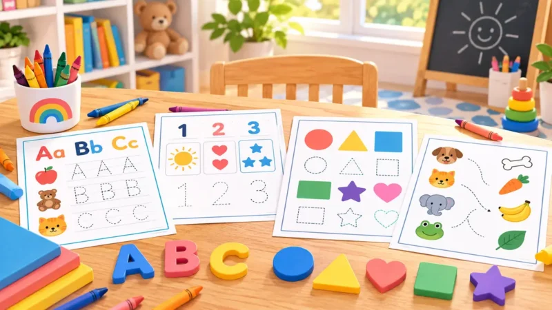 Free preschool worksheets for ages 3-5 with alphabet, numbers, shapes and matching activities