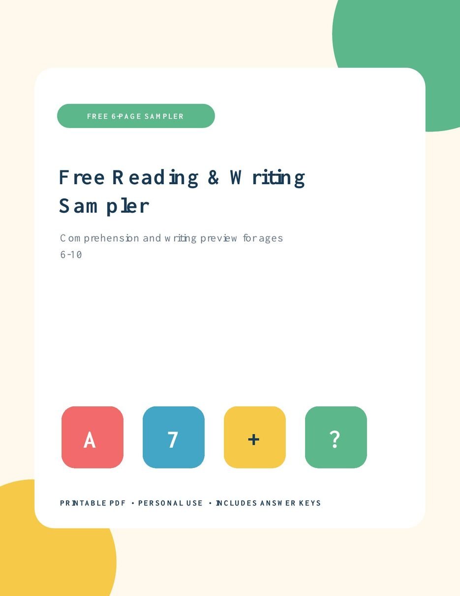 Free reading and writing printable sampler for ages 6 to 10