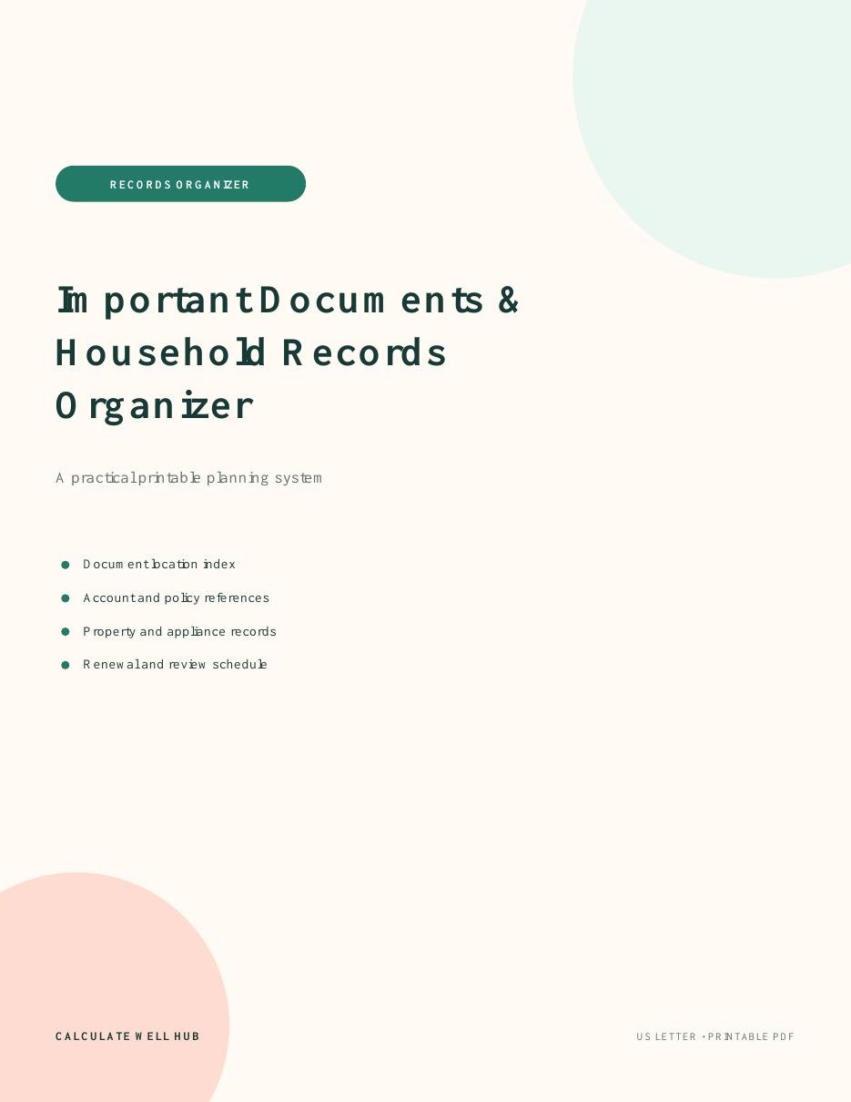 Important Documents and Household Records Organizer printable PDF cover