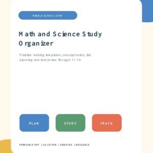 Math and science study organizer printable for ages 11 to 14
