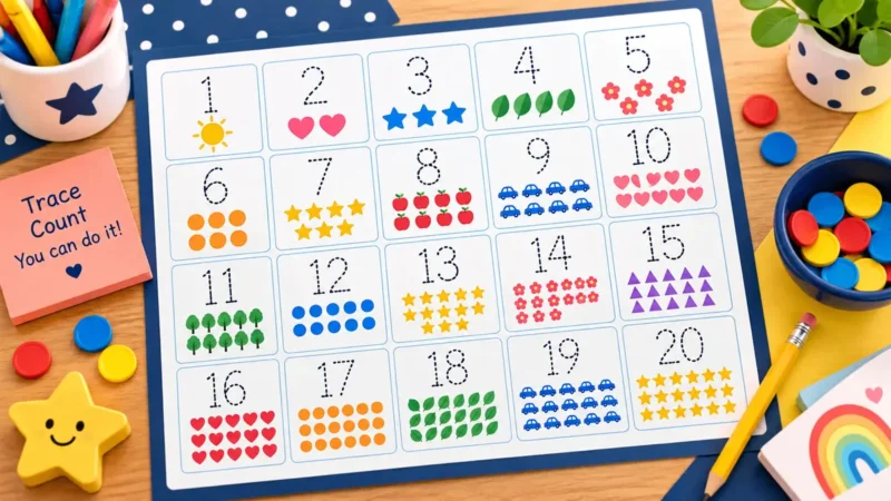 Number tracing and counting activities from 1 to 20 for preschoolers
