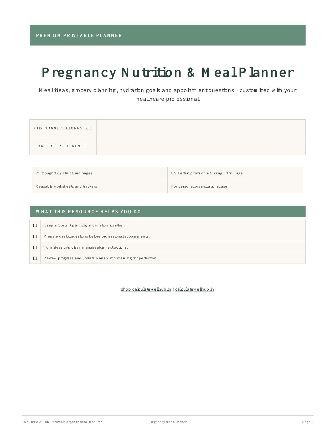 Pregnancy Nutrition and Meal Planner printable PDF cover