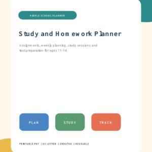 Study and homework planner printable for middle school students ages 11 to 14