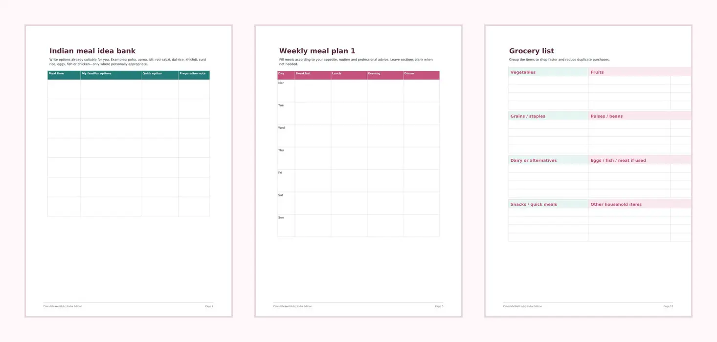 Actual sample pages from Pregnancy Nutrition and Indian Meal Planner